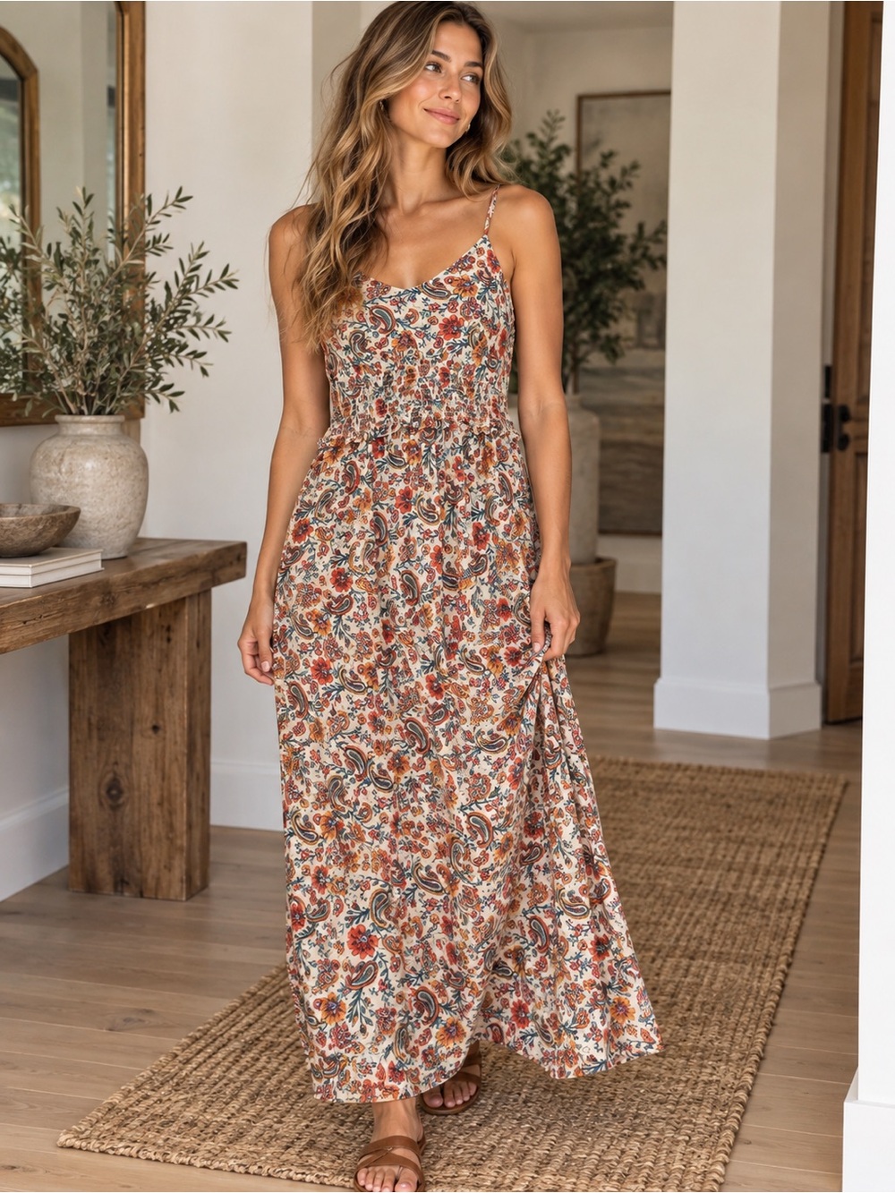 Patrons of Peace Paisley Floral Smocked Waist Boho Maxi Dress M